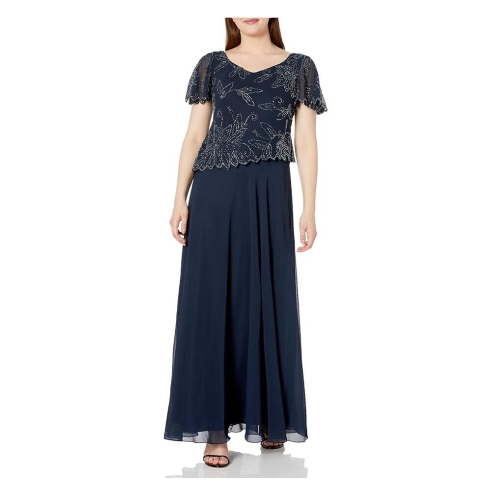 NEW J Kara Navy Silver Beaded Long Dress Mother of the Bride Gown Size 22W